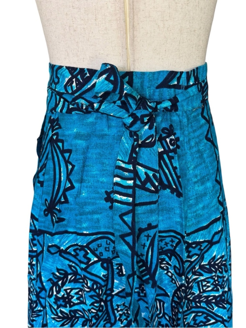 Vintage 1960s Tiki Tapa Designs Blue Barkcloth Hawaiian Maxi Wrap Skirt NWT - Picture 5 of 10